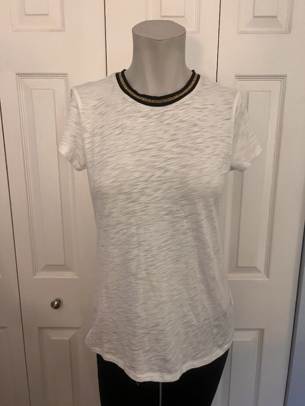 Goldie White Cotton T-Shirt with Black & Gold Trim Size Small
